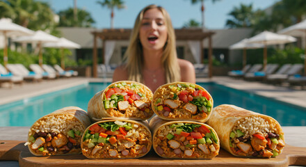 mouth-watering arrangement of burritos, each overflowing with juicy chicken, crisp vegetables, fluffy rice,  beautifully presented on a decorative platter or wooden board