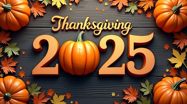 autumn pumpkin 2025 design with fall leaves and festive decoration on wooden background for seasonal celebration harvest festival thanksgiving concept rustic thanksgiving greeting card layout