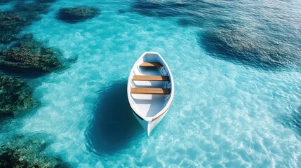 White boat in crystal clear turquoise ocean water aerial view providing stunning backdrop serene travel