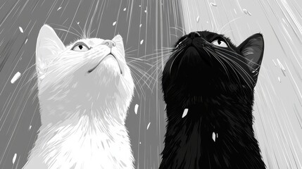Monochrome depiction of contrasting cats beneath falling elements conveying curiosity and stark visual aesthetic