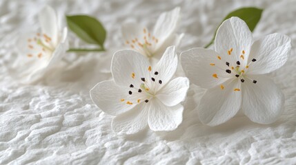 Elegant floral arrangement featuring delicate white jasmine blossoms with stamens on a soft white textured fabric