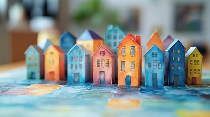 Charming Miniature Watercolor Houses Arranged on Creative Map Creating a Quaint and Dreamy Scene