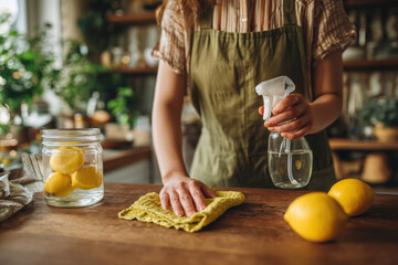 Young woman in apron cleaning kitchen with reusable cloth and natural spray