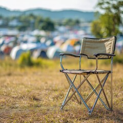 Camp Chair on Grassy Hillside Overlooking Tent City at Outdoor Festival Serene Vacation Spot