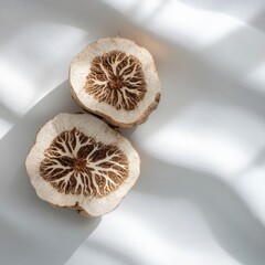 Artistic Cross Section Displaying Intricate Pattern of Jicama Root on White Background Sunlight Detail