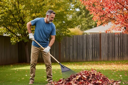 Older man with rake, raking leaves - Powered by Adobe