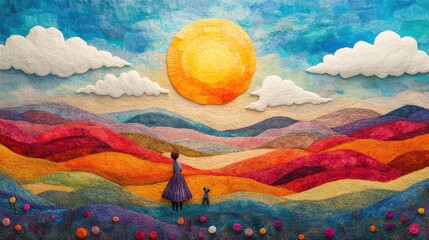 Colorful Landscape Painting of Woman and Dog Under Sunny Sky Amid Rolling Hills and Flower Field