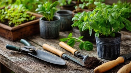 Garden tools and plants on a weathered wooden table