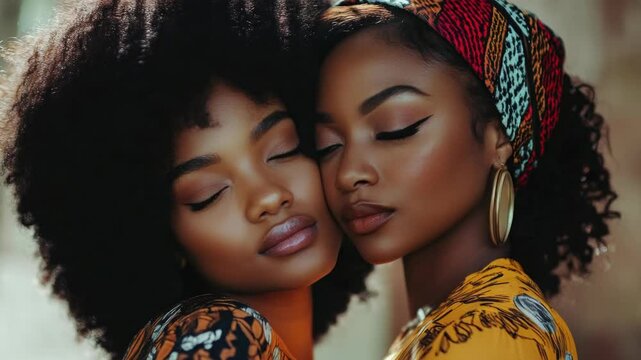 Two young women hugging each other warmly, one with her eyes closed as if enjoying the embrace. They are wearing colorful clothing and accessories that complement their vibrant hairstyles.