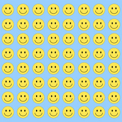 Pattern with cheerful yellow smileys on a bright blue background. Playful and retro-inspired digital design. Bold, flat color style with a nostalgic 90s vibe.