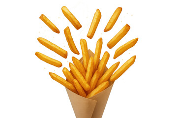 Golden French fries in paper cone isolated on transparent background studio shot