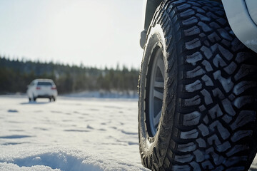 Naklejka premium Close-up of winter tires on a snow-covered road with a house in the background,
