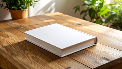 Fototapeta premium White Hardcover Book On Rustic Wood Table Earthy Charm Detail