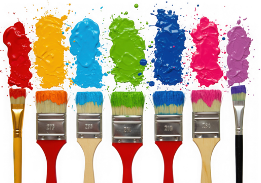 Paint brushes with colorful splashes isolated on transparent background