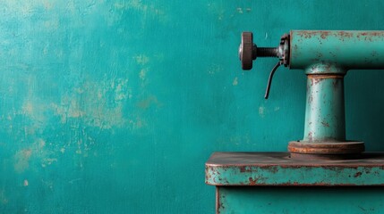 A close-up of vintage machinery in a striking teal color with rusted textures, showcasing the beauty of industrial design and the passage of time in a unique artistic perspective.