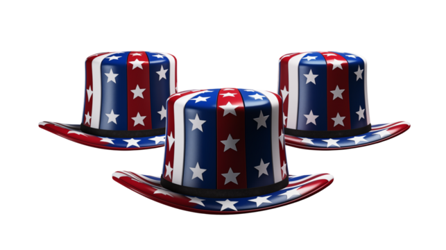 A patriotic display of three uncle sam hats adorned with stars and stripes on a black background