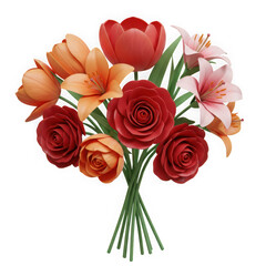 Bouquet of roses tulips and lilies isolated on transparent background