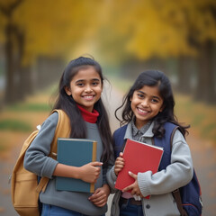 Fototapeta premium Two Smiling Indian Schoolgirls Holding Books Outdoors in Autumn