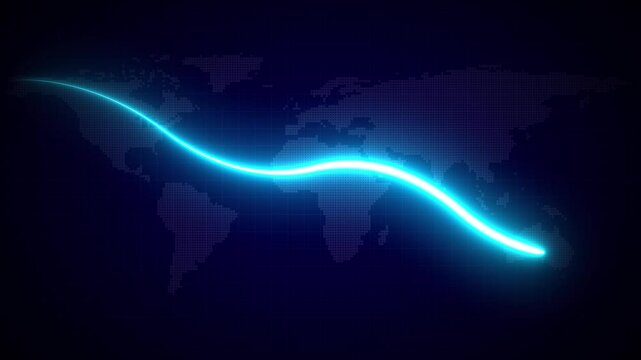4K Global Business Decline Animation. cyan Neon Glowing Lines and World Map Background with Downward Arrow Graph Representing Economic Crisis, Market Loss, and Financial Recession Concept