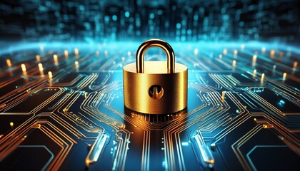 a golden padlock sits on a glowing digital circuit board symbolizing cybersecurity and data protection in the digital world