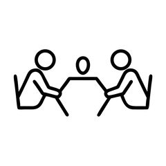 Three people meeting at table icon in black line style