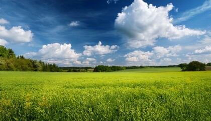 Fototapeta premium scenic meadow vista with a vibrant blue sky and fluffy clouds a peaceful countryside