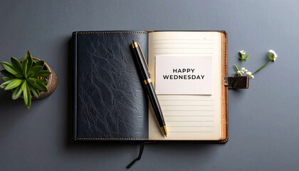Fototapeta premium Overhead photo of a vintage-style journal with a modern ballpoint pen and a small paper note saying 'HAPPY WEDNESDAY', solid matte gray background