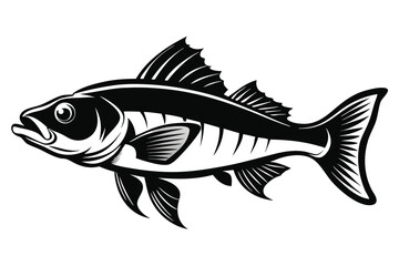 Black and White Graphic Illustration of a Fish with Intricate Details and Fins
