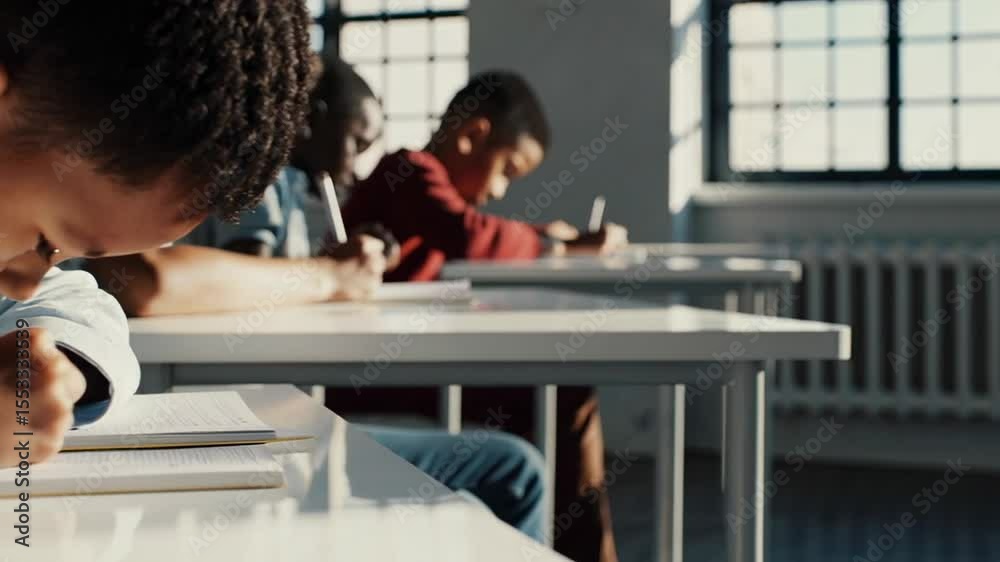 Poster diverse elementary school students sitting at desks, carefully writing and concentrating on academic