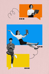 Image banner vertical photo collage of happy girls guy hold phone laptop device bubble...
