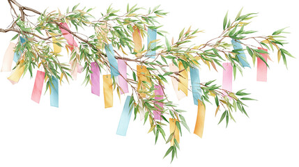 Watercolor Tanabata Bamboo Branch with Multicolored Tanzaku Strips – Japanese Star Festival Decoration on Transparent Background