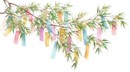 Watercolor Tanabata Bamboo Branch with Multicolored Tanzaku Strips – Japanese Star Festival Decoration on Transparent Background