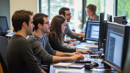 Tech team collaborating on software integration in an office environment.
