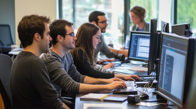 Tech team collaborating on software integration in an office environment.