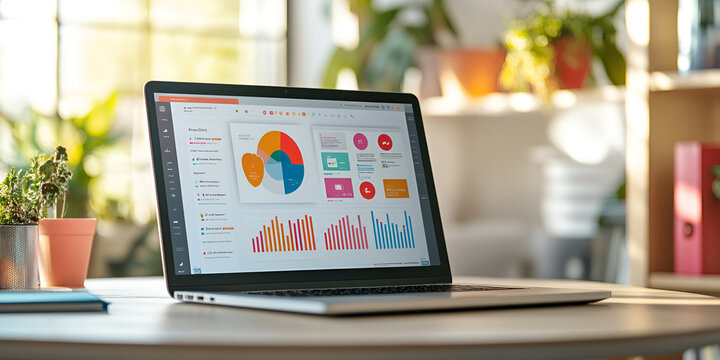Laptop displaying data analysis and charts in workspace - Powered by Adobe