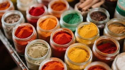Indian colored spices at local market in India &ndash; traditional spice shop in Asian bazaar with curry, chili, and herbs, local street culture, colourful stalls, food tourism, retail, and seller portrait
