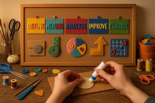 Handmade felt board showing the Five DMAIC steps of Six Sigma using colorful symbols and craft tools in a cozy creative workspace focused on process improvement themes