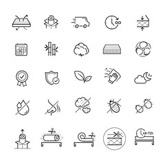 Mattress for sleeping packaging and delivery icon set. The outline icons are well scalable and editable. Contrasting elements are good for different backgrounds. EPS10.	