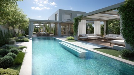 Fototapeta premium Luxurious modern home with swimming pool and outdoor living space