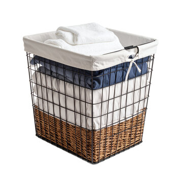 Laundry basket filled with clothes and towels, showcasing domestic organization on transparent background