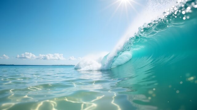 Close up of refreshing clear sea wave on sunny day. Tourism and summer adventures theme
