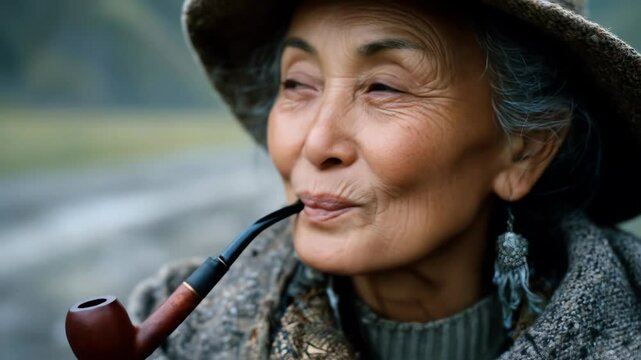 Close-up portrait of an elderly woman smoking a traditional pipe, showcasing her expressive face and cultural character.

