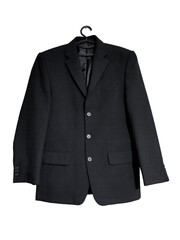 Black man's jacket on hanger isolated on white background. Three buttons classic blazer with...