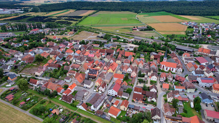 A panorama aerial view around the old town in the city Markt Bibart Germany on a sunny spring morning
