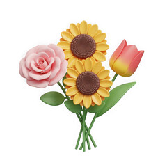 Cartoon bouquet of sunflowers rose and tulip isolated on transparent