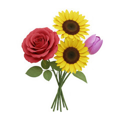 Bouquet of sunflowers rose and tulip isolated on transparent background