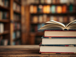 Fototapeta premium Open Book on Stack of Vintage Books in Library