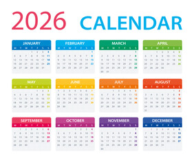 2026 Calendar - vector illustration, Monday to Sunday