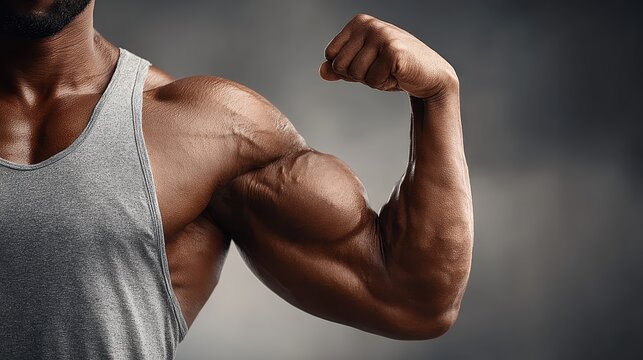 Close-up of a muscular male arm flexing bicep with defined veins, gym background blurred, natural light highlighting muscle definition and strength