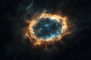A vibrant, fiery nebula with a glowing blue core, surrounded by stars and cosmic dust in deep space.